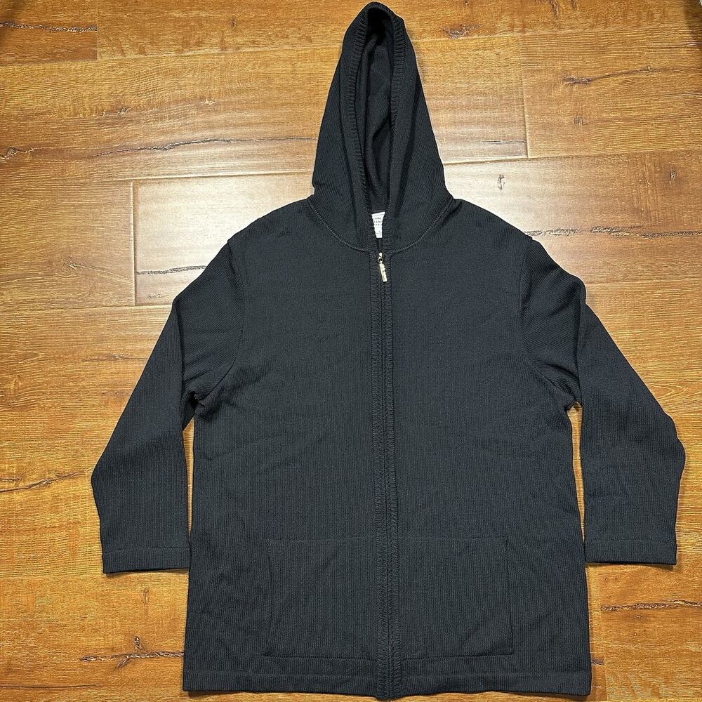 St John Hoodie Sweater Womens L Black Oversized Full Zip Woven Knit USA Luxury